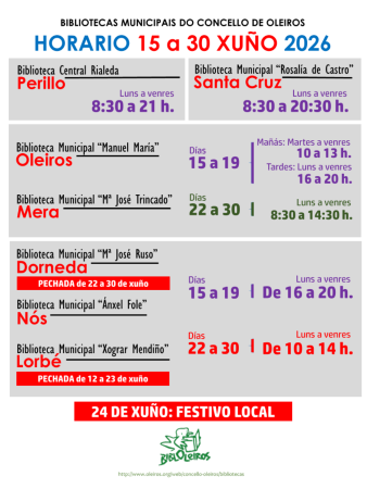 Imagen Horario Bibliotecas (15 - 30 xuño)