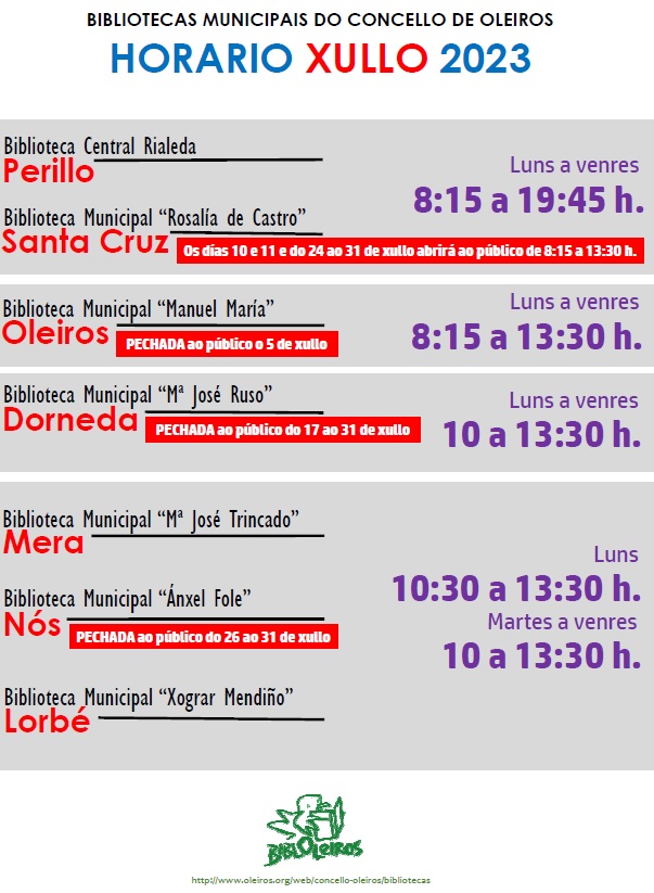 Horario das Bibliotecas Municipais de Oleiros - Xullo 2023