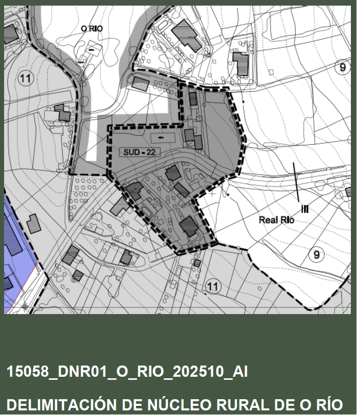 Imagen Aprobación inicial da modificación puntual núm. 14 do PXOM para a delimitación do núcleo rural no SUD- 22, o Río (Documento 2026008185 de 17 de abril).